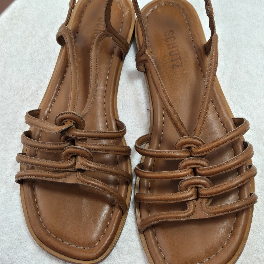 Schutz Octavia Flat Sandals Womens 9 Brown Leather Caged Strappy Minimalist Braz - Picture 9 of 16